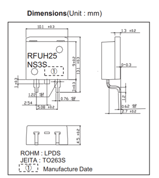 机械图纸 - ROHM Semiconductor RFUH25NS3S快速恢复二极管