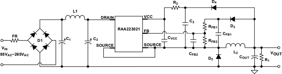 应用电路图 - Renesas Electronics RAA223021 700V非隔离式交流-直流降压稳压器