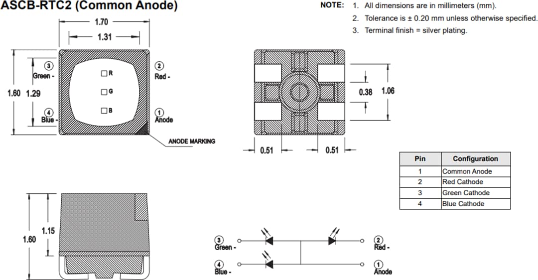 机械图纸 - Broadcom ASCB-RTCx三色PLCC-4 LED