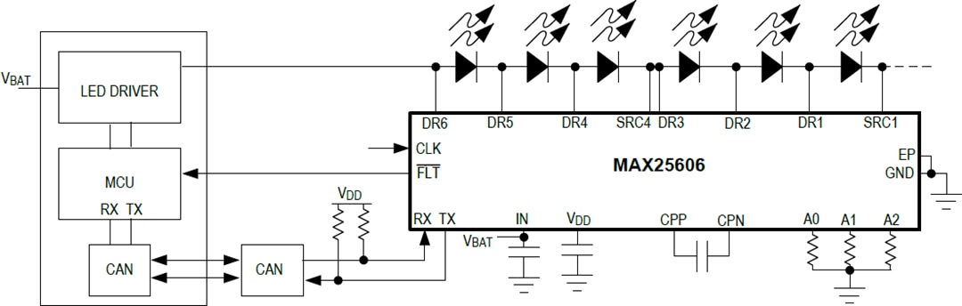 应用电路图 - Analog Devices / Maxim Integrated MAX25606 LED照明用6开关矩阵管理器