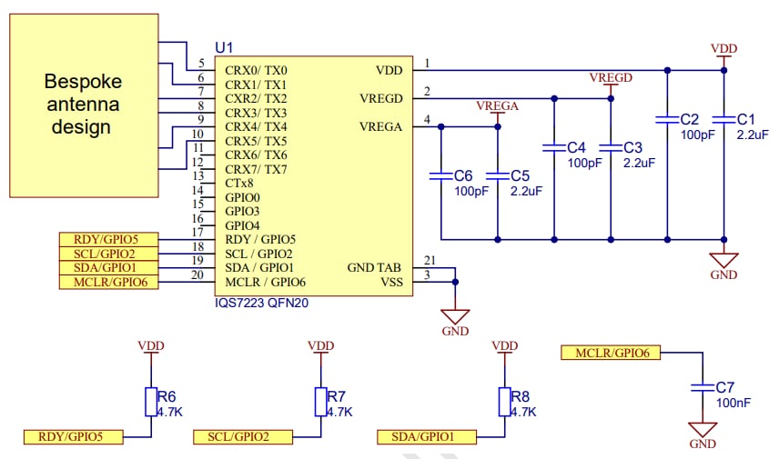 Schematic - Azoteq IQS7223 Capacitive Touch/Proximity Controller ICs
