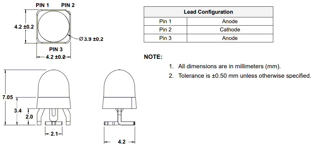 机械图纸 - Broadcom AEMD-Cx2L LED
