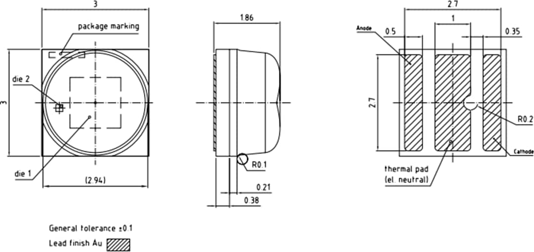 机械图纸 - ams OSRAM OSLON® Square GD CSBRM2.14深蓝光LED