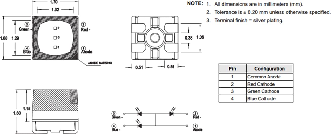 机械图纸 - Broadcom ASCB-RTF2三色PLCC-4 LED