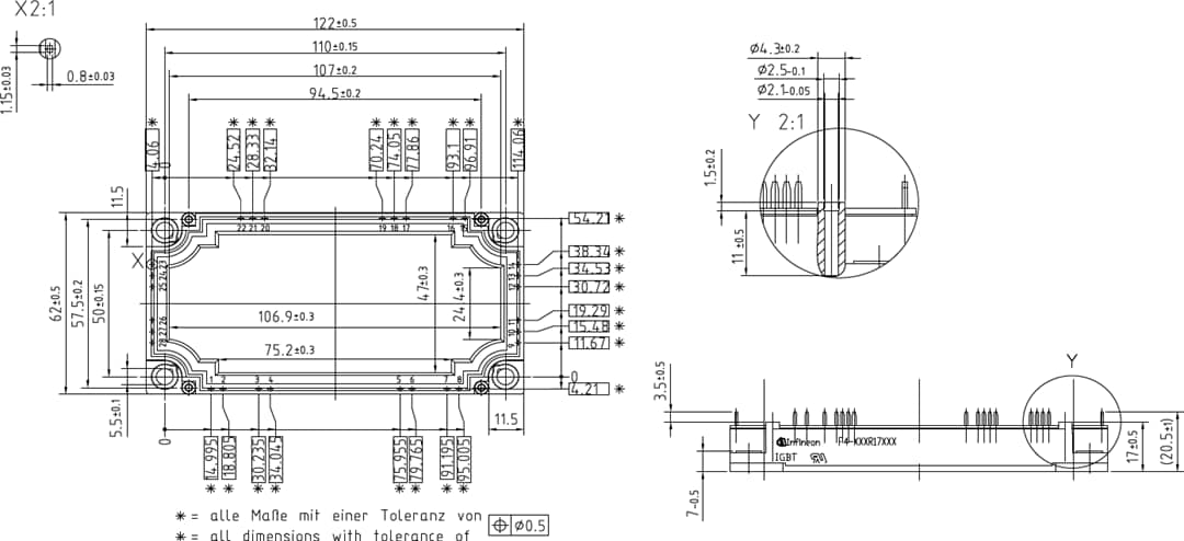 机械图纸 - Infineon Technologies 1700V四单元IGBT模块