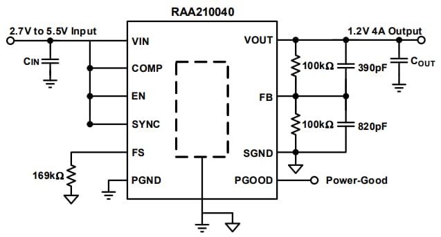 应用电路图 - Renesas Electronics RAA210040降压DC/DC迷你模块
