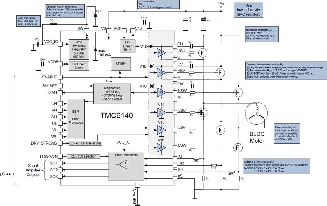 应用电路图 - Analog Devices / Maxim Integrated TMC6140-LA 3相BLDC MOSFET栅极驱动器