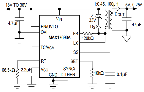 Analog Devices / Maxim Integrated MAX17693无光耦隔离式反激转换器