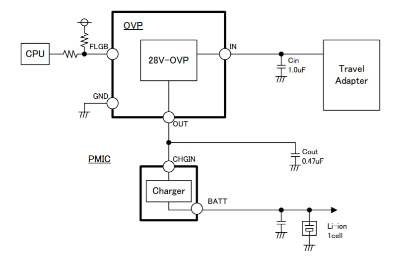 应用电路图 - ROHM Semiconductor BD6047AGUL-E2充电保护IC