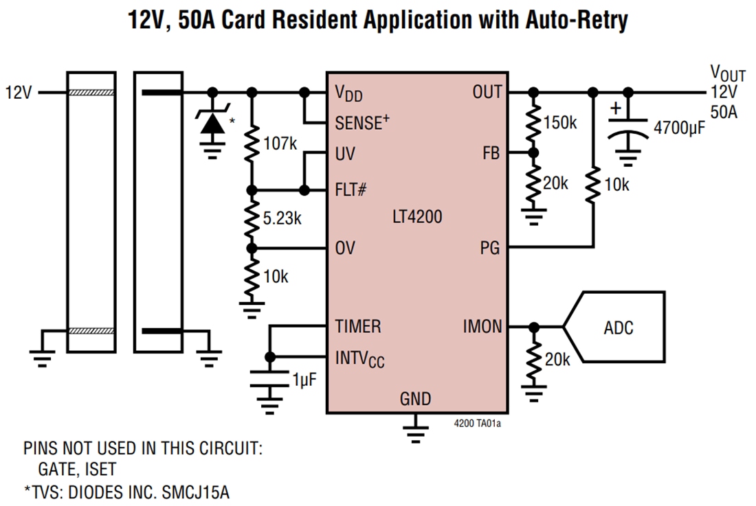 应用电路图 - Analog Devices Inc. LT4200 50A热插拔E-Fuse