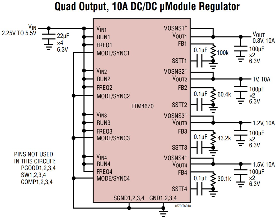 应用电路图 - Analog Devices Inc. LTM4670四通道μModule®稳压器