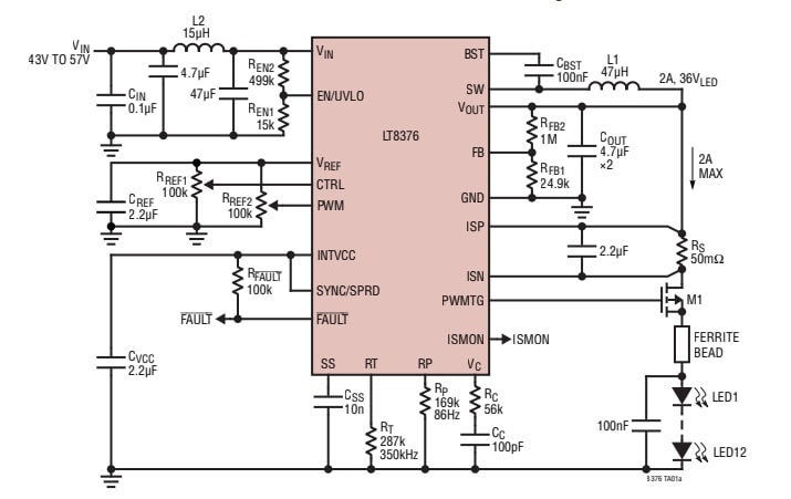 应用电路图 - Analog Devices Inc. LT8376同步降压LED驱动器