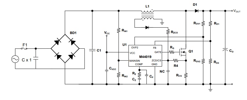 应用电路图 - Monolithic Power Systems (MPS) MP44019 CrM/DCM多模式PFC控制器