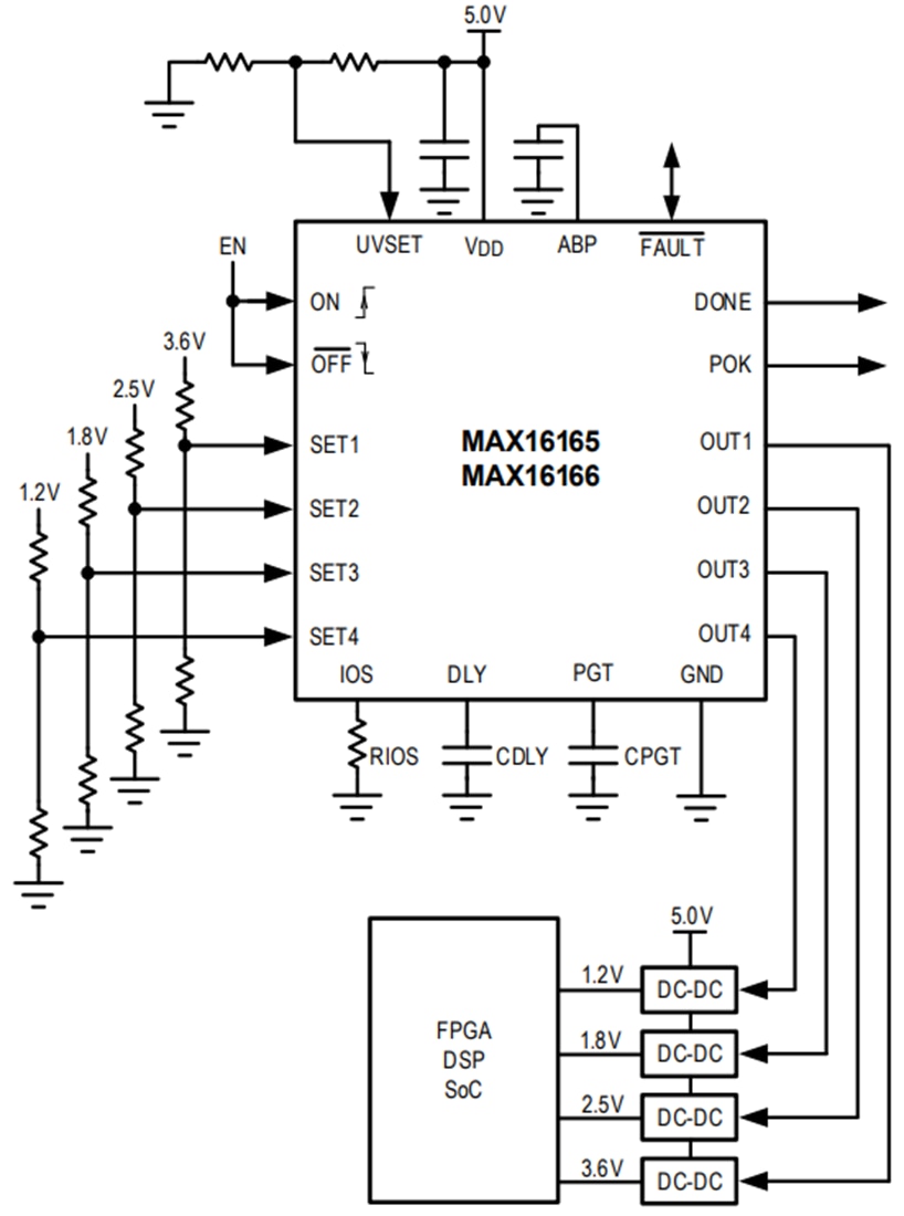 应用电路图 - Analog Devices Inc. MAX16165/MAX16166 4通道时序控制器和监控器