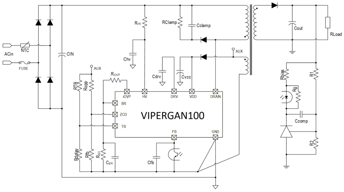 应用电路图 - STMicroelectronics VIPerGaN100离线高压转换器