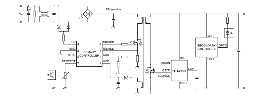 应用电路图 - NXP Semiconductors TEA2093TS GreenChip同步整流器控制器