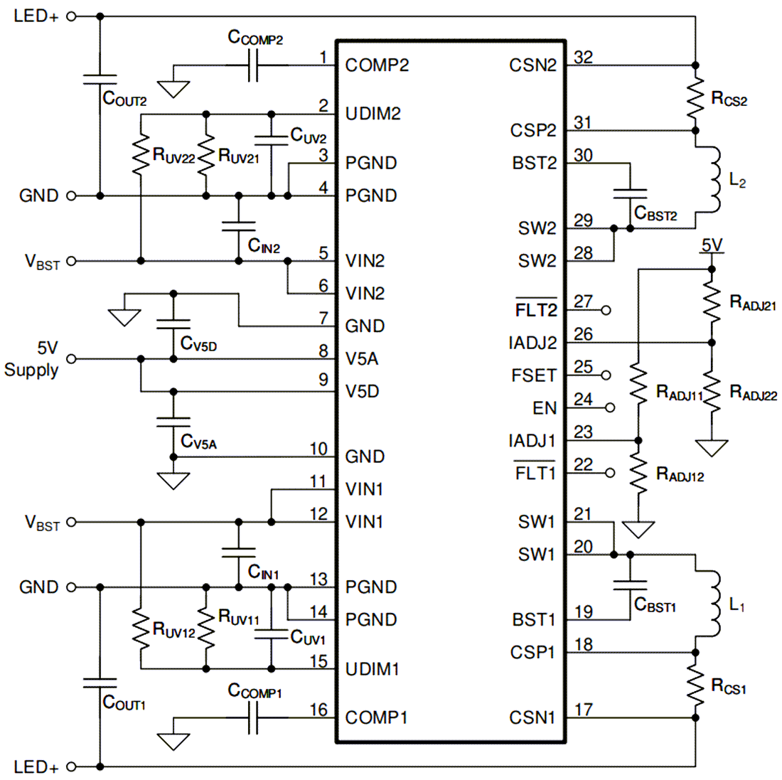 原理图 - Texas Instruments TPS92519-Q1同步降压LED驱动器