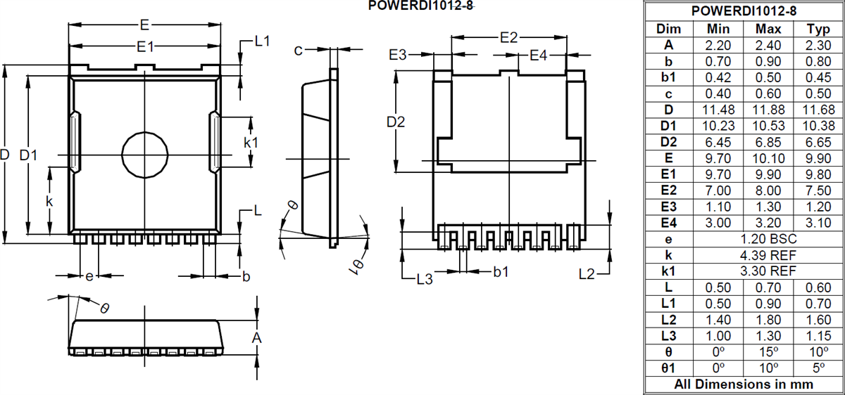 机械图纸 - Diodes Incorporated DMTH10H2M5STLWQ汽车增强模式MOSFET