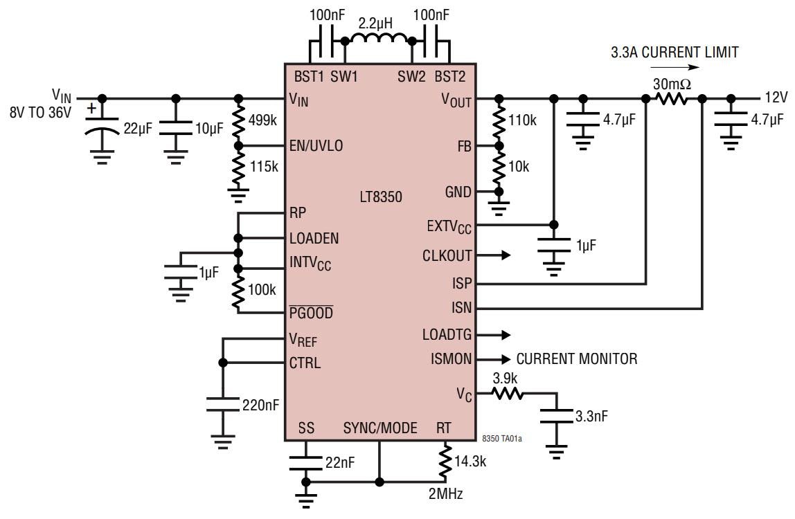 应用电路图 - Analog Devices Inc. LT8350/LT8350S同步降压-升压转换器