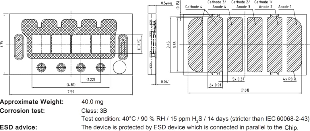 机械图纸 - ams OSRAM OSLON® Black Flat X KW4 HPL631.TK LED（4芯片）