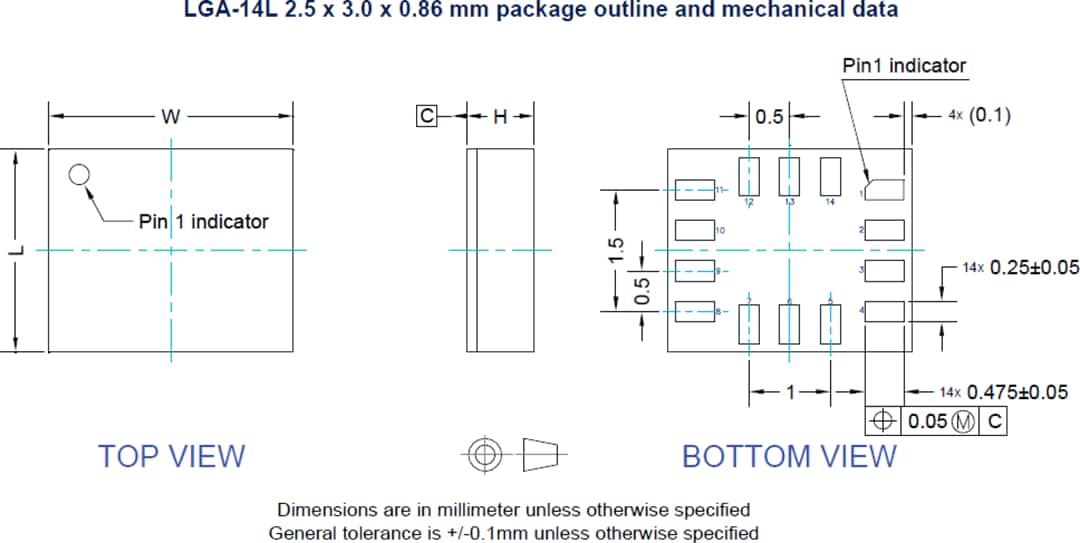 机械图纸 - STMicroelectronics ASM330LHHX汽车级6轴ML内核惯性模块