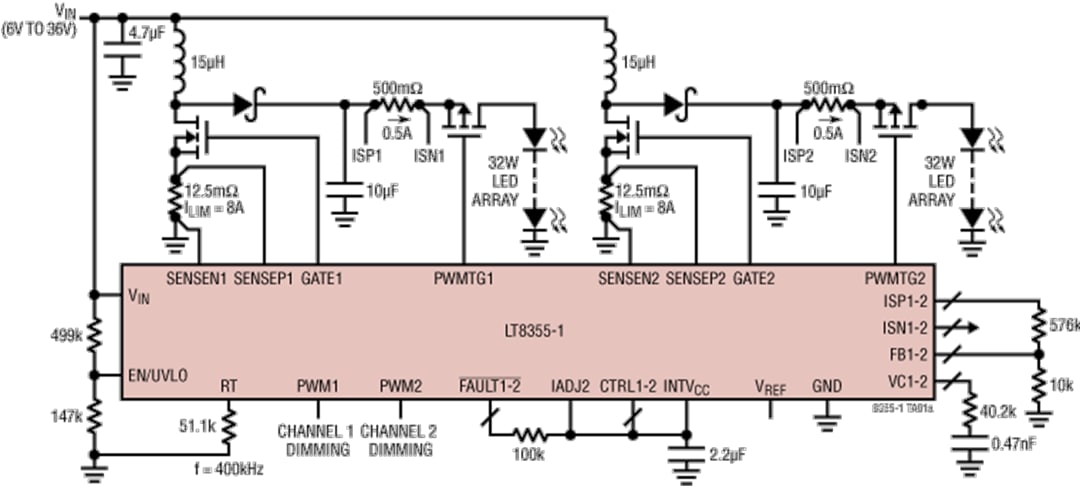 应用电路图 - Analog Devices Inc. LT8355-1双LED控制器带可扩展调光功能