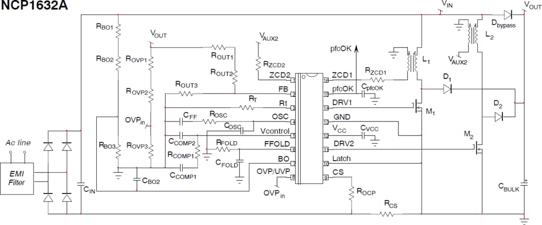 应用电路图 - onsemi NCP1632A CrM功率因数控制器（交错式）