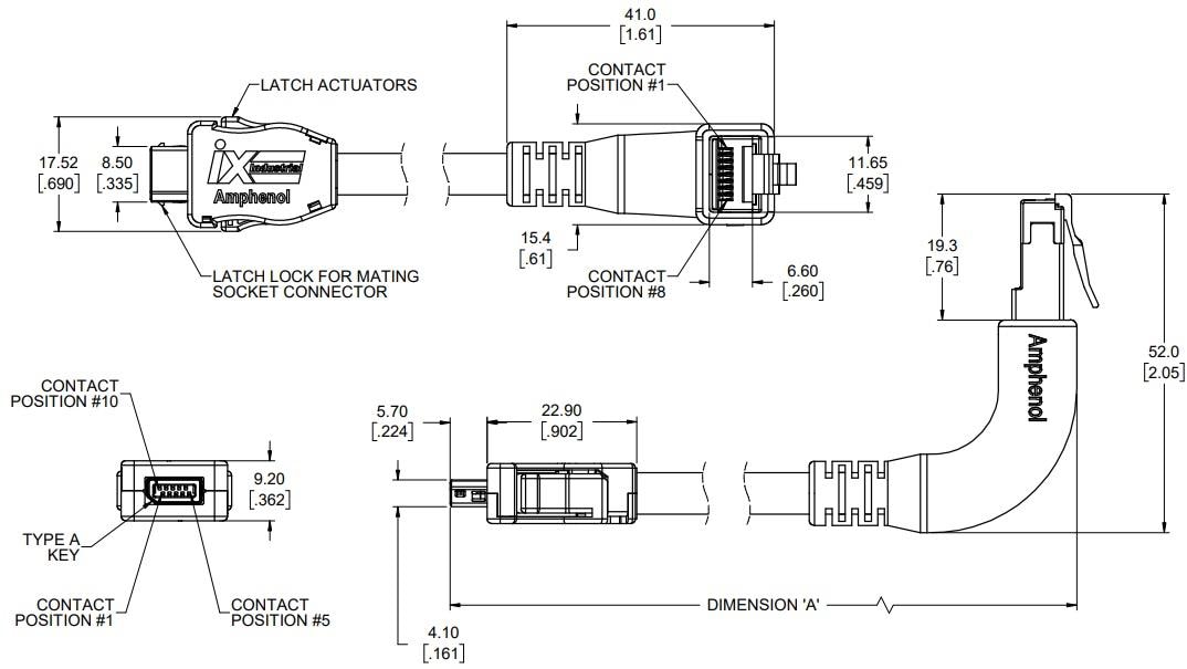 机械图纸 - Amphenol Communications Solutions ND9系列ix Industrial以太网电缆