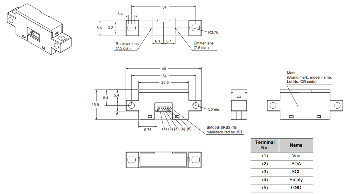 机械图纸 - Omron Electronics B5WC色彩传感器