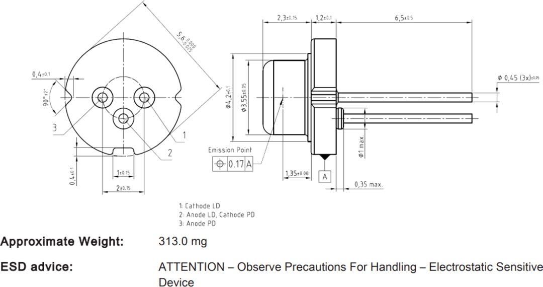 机械图纸 - ams OSRAM Metal Can® TO56 PLT5 522FA_P绿光激光二极管