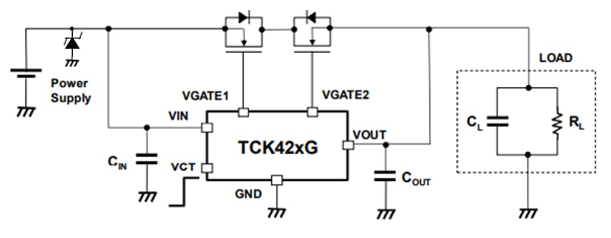 应用电路图 - Toshiba 栅极驱动器 + MOSFET（用于5V至24V线路电源多路复用器）