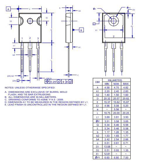 机械图纸 - onsemi FGHL50T65MQDTx场终止沟槽型IGBT