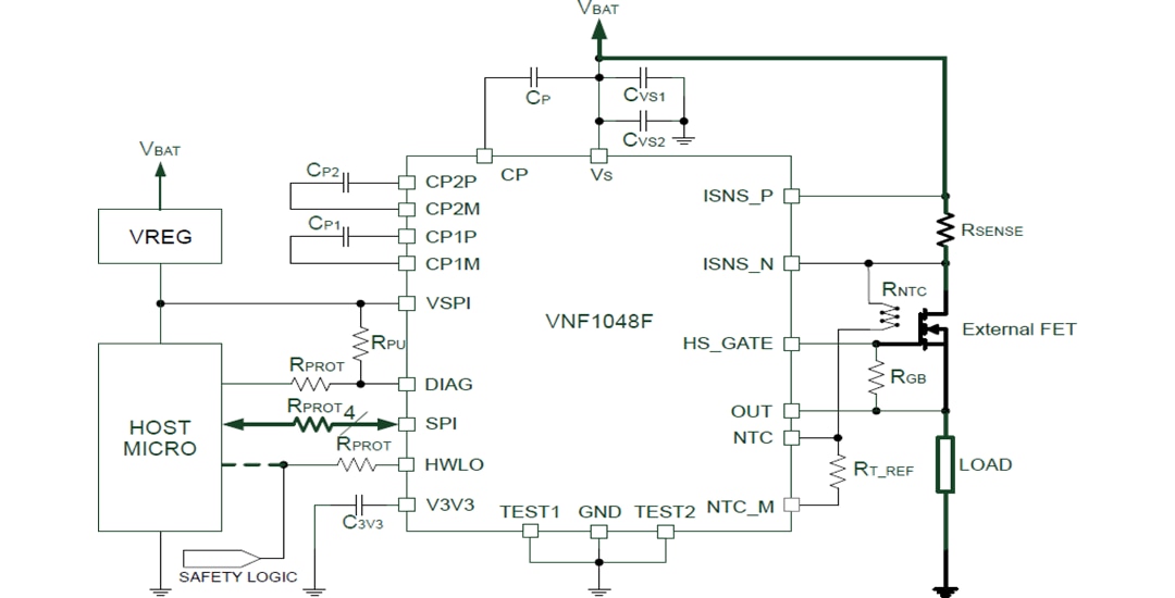 应用电路图 - STMicroelectronics VNF1048F汽车级高侧开关控制器