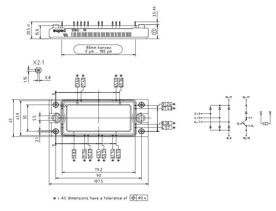 机械图纸 - Infineon Technologies DDB6U134N16RR IGBT硅模块