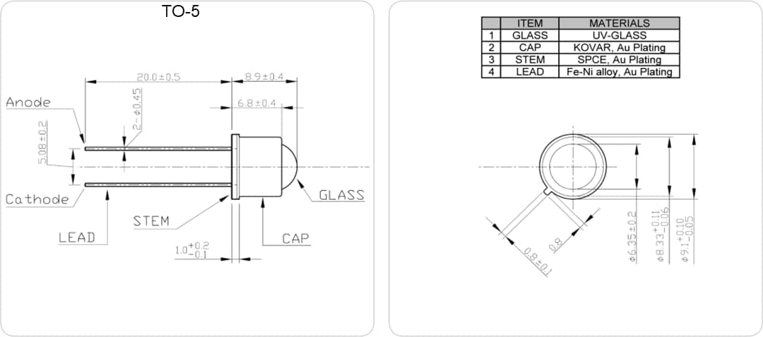 Mechanical Drawing - Marktech Optoelectronics Metal Can UV-A & UV-B Emitters