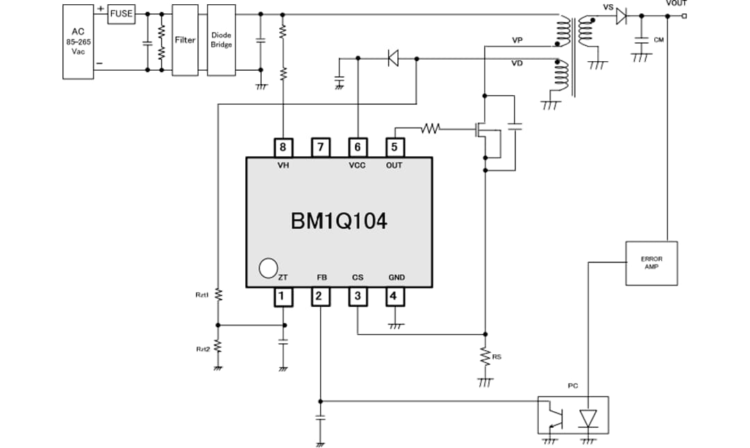 应用电路图 - ROHM Semiconductor BM1Q104FJ准谐振控制直流-直流转换器