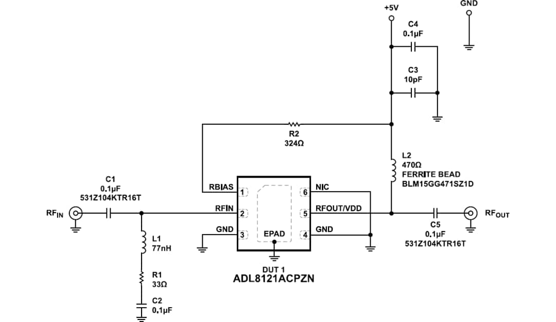 应用电路图 - Analog Devices Inc. ADL8121 GaAs pHEMT MMIC低噪声放大器
