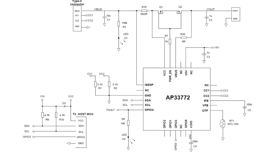 应用电路图 - Diodes Incorporated AP33772 USB Type-C™ PD接收器控制器