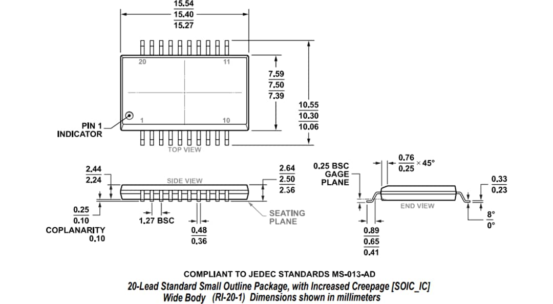 机械图纸 - Analog Devices Inc. ADuM4165和ADuM4166 USB 2.0端口隔离器