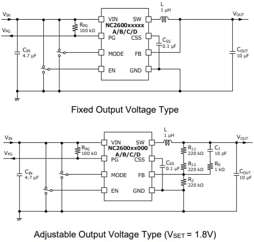 应用电路图 - Nisshinbo NC2600 PWM/PFM降压开关稳压器IC