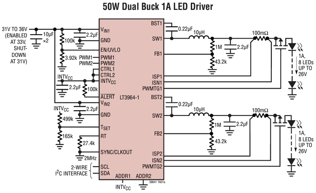 应用电路图 - Analog Devices Inc. LT3964-1同步2A降压LED驱动器