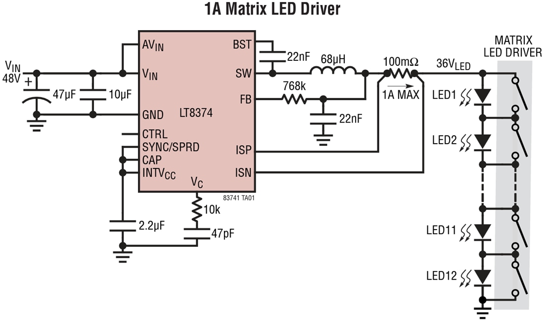 应用电路图 - Analog Devices Inc. LT8374同步降压型LED驱动器