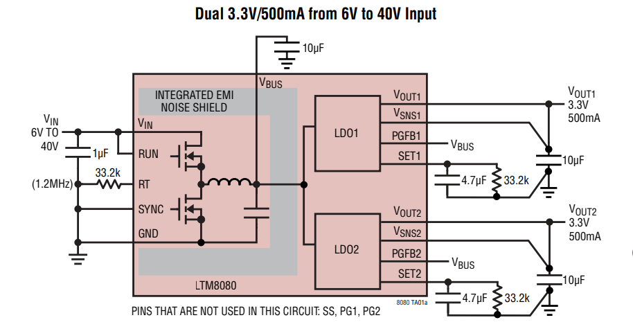 应用电路图 - Analog Devices Inc. LTM8080 μModule稳压器