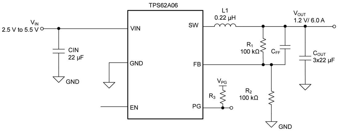 应用电路图 - Texas Instruments TPS62A06降压直流-直流转换器