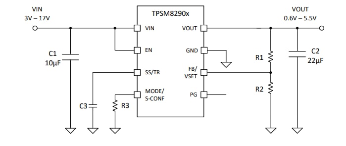 应用电路图 - Texas Instruments TPSM82901同步降压式转换器电源模块