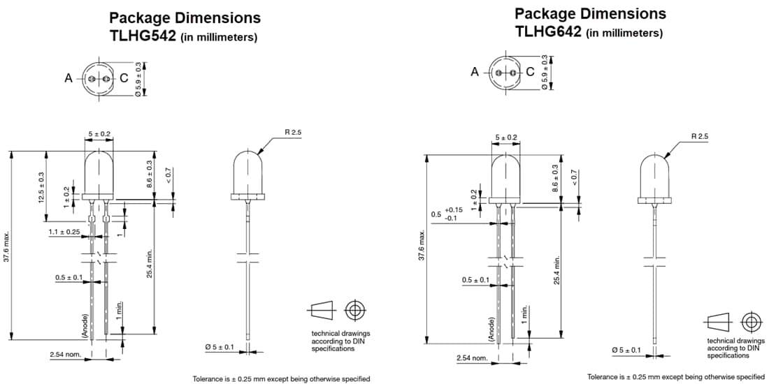 机械图纸 - Vishay Semiconductors TLHG542/TLHG642 5mm高效LED