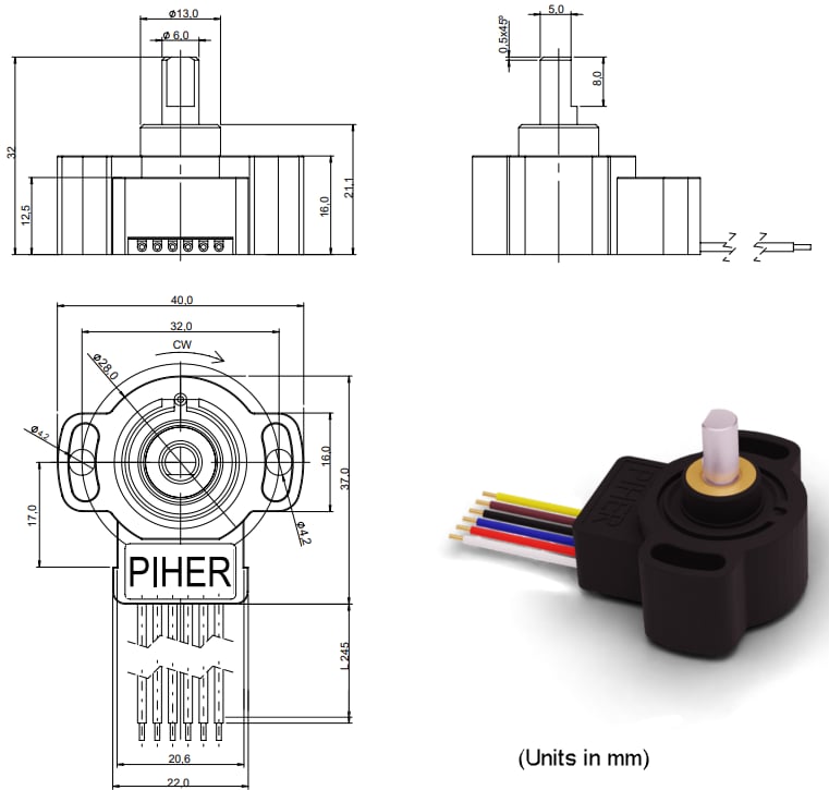 机械图纸 - Amphenol Piher PSCM多圈旋转传感器