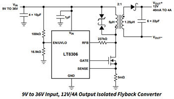 应用电路图 - Analog Devices Inc. LT8306无光隔离反激式控制器 