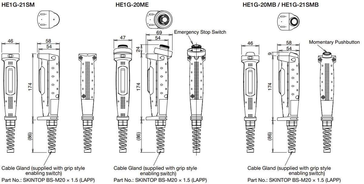 Mechanical Drawing - IDEC HE1G Three-position Grip Switches