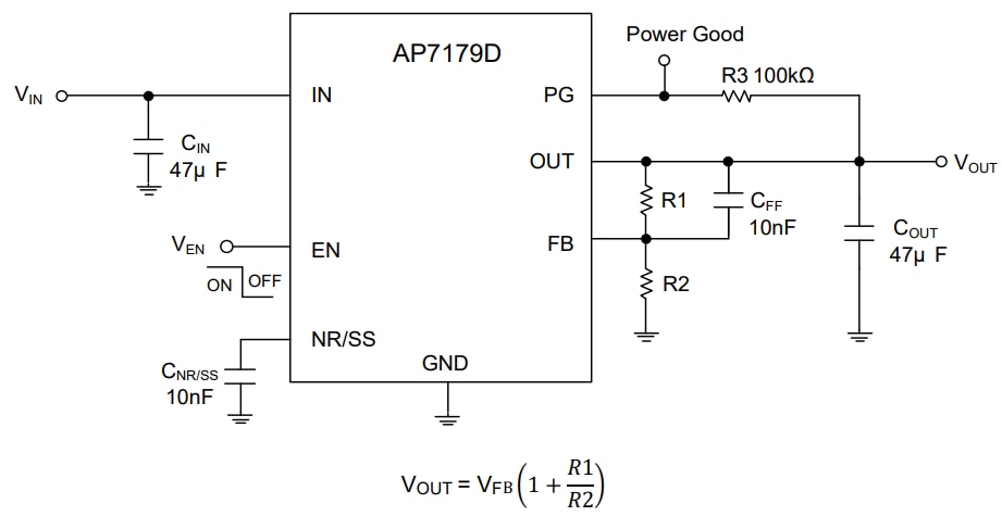 应用电路图 - Diodes Incorporated AP7179D LDO稳压器